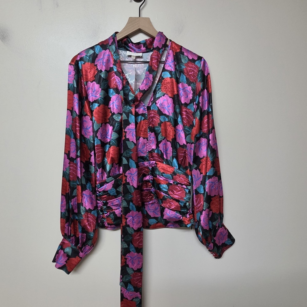 Ronny Kobo Women's Red Pink Tie-Up Neck Rose Floral Eden Satin Blouse Top Size M